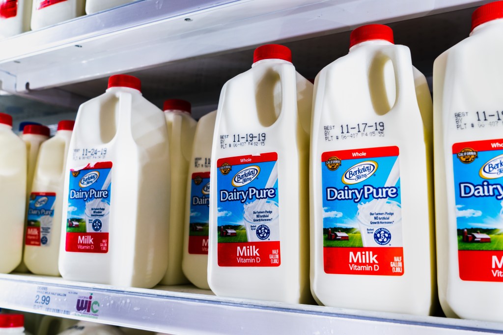 Bottles of Dairy Pure milk displayed on supermarket shelves in Sunnyvale, California on November 12, 2019